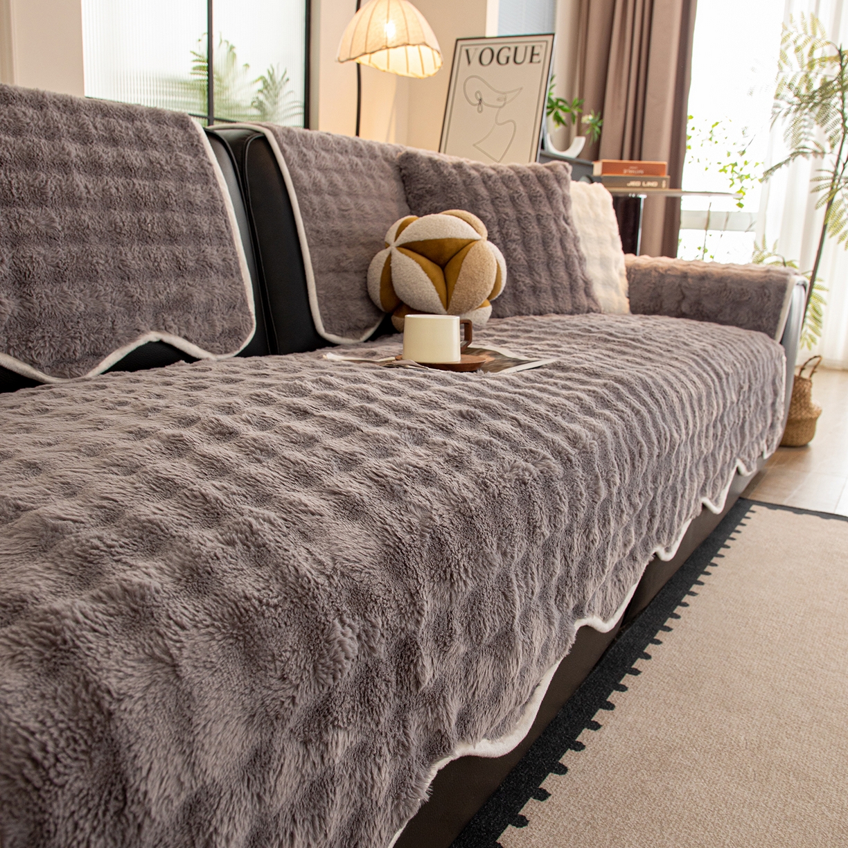 91家纺网 家纺一手货源 找家纺 沐沐家纺 2026新款兔毛沙发垫 深灰