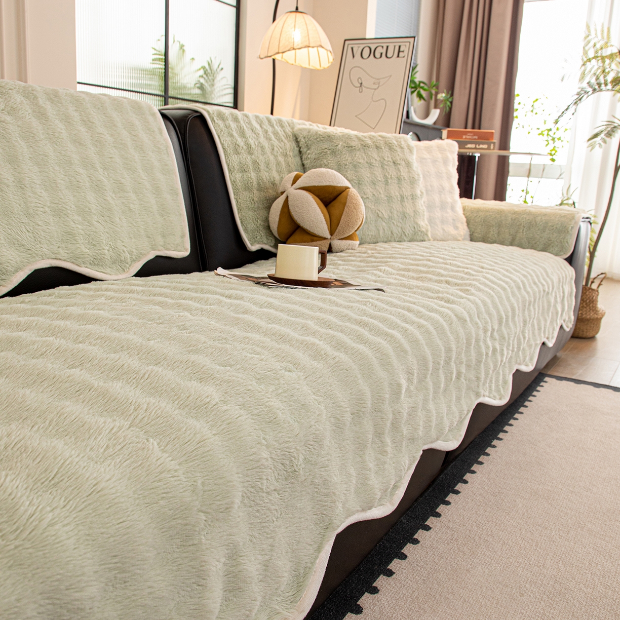 91家纺网 家纺一手货源 找家纺 沐沐家纺 2026新款兔毛沙发垫 水绿