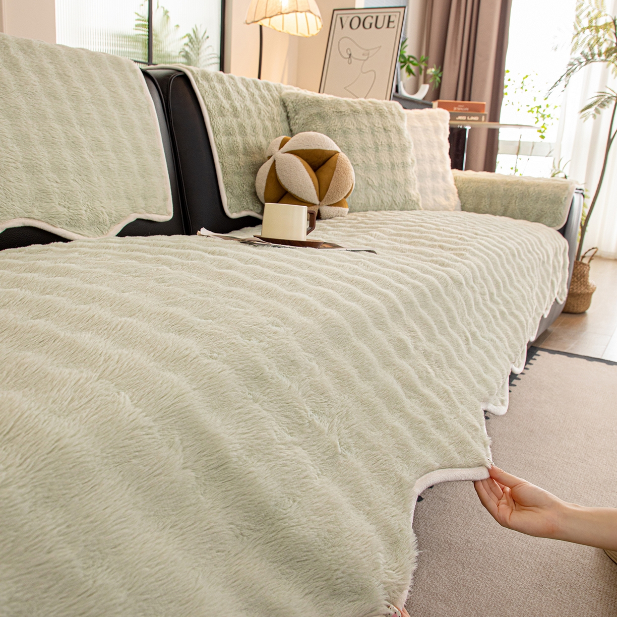 91家纺网 家纺一手货源 找家纺 沐沐家纺 2026新款兔毛沙发垫 水绿