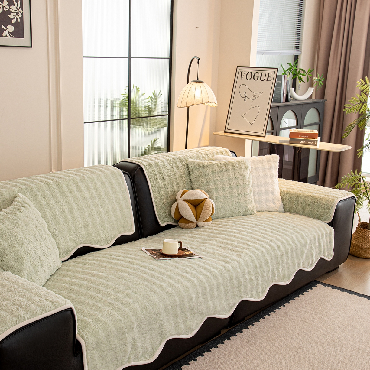 91家纺网 家纺一手货源 找家纺 沐沐家纺 2026新款兔毛沙发垫 水绿