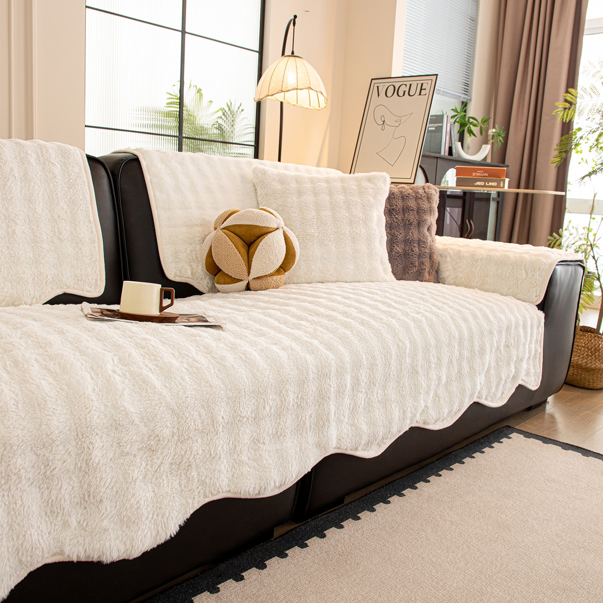 91家纺网 家纺一手货源 找家纺 沐沐家纺 2026新款兔毛沙发垫 米白