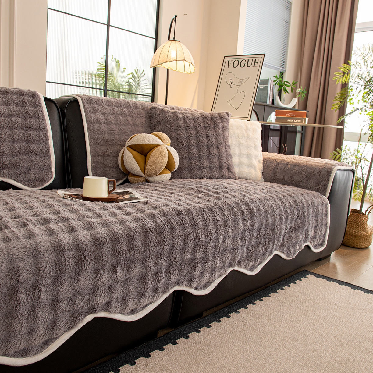 91家纺网 家纺一手货源 找家纺 沐沐家纺 2026新款兔毛沙发垫 深灰