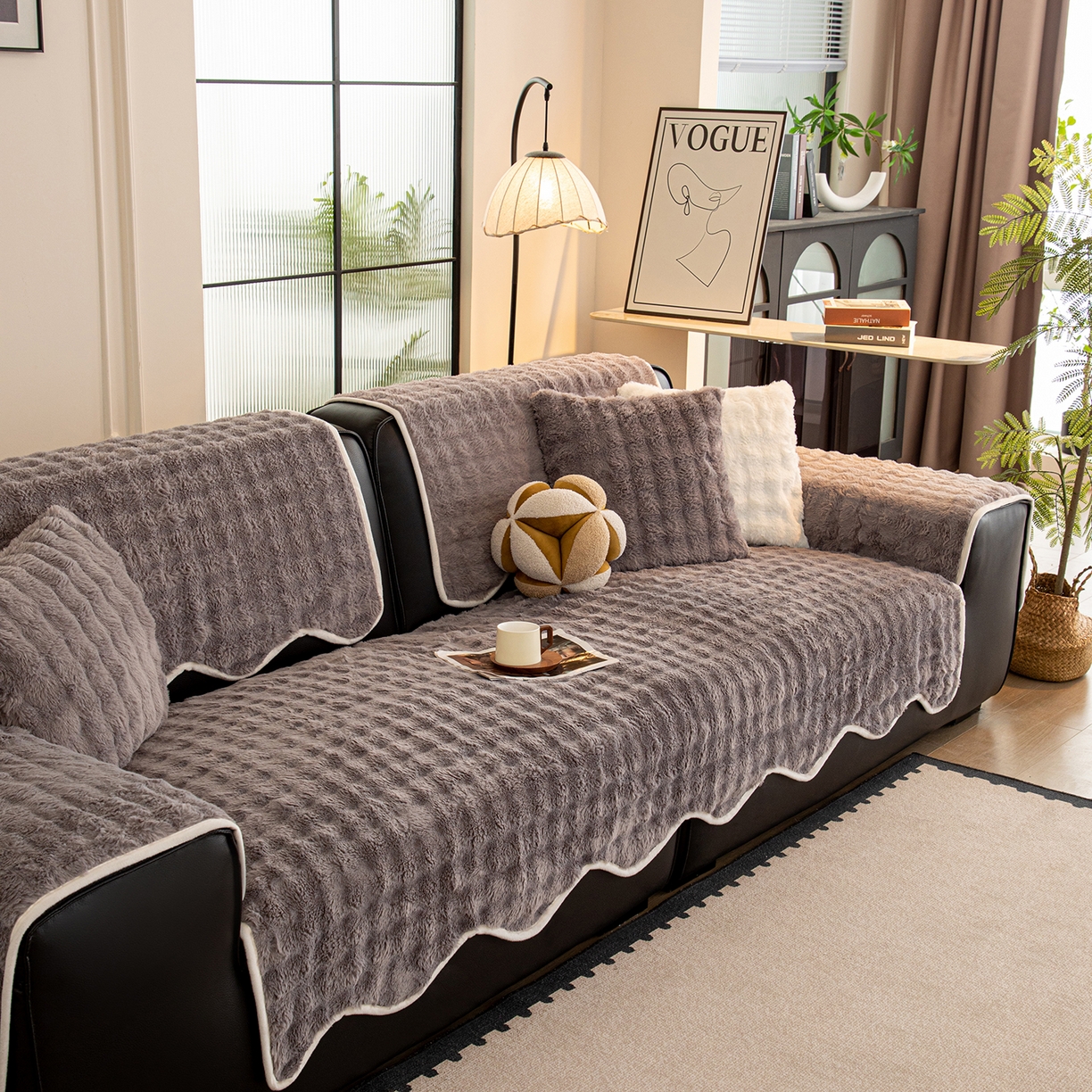 91家纺网 家纺一手货源 找家纺 沐沐家纺 2026新款兔毛沙发垫 深灰