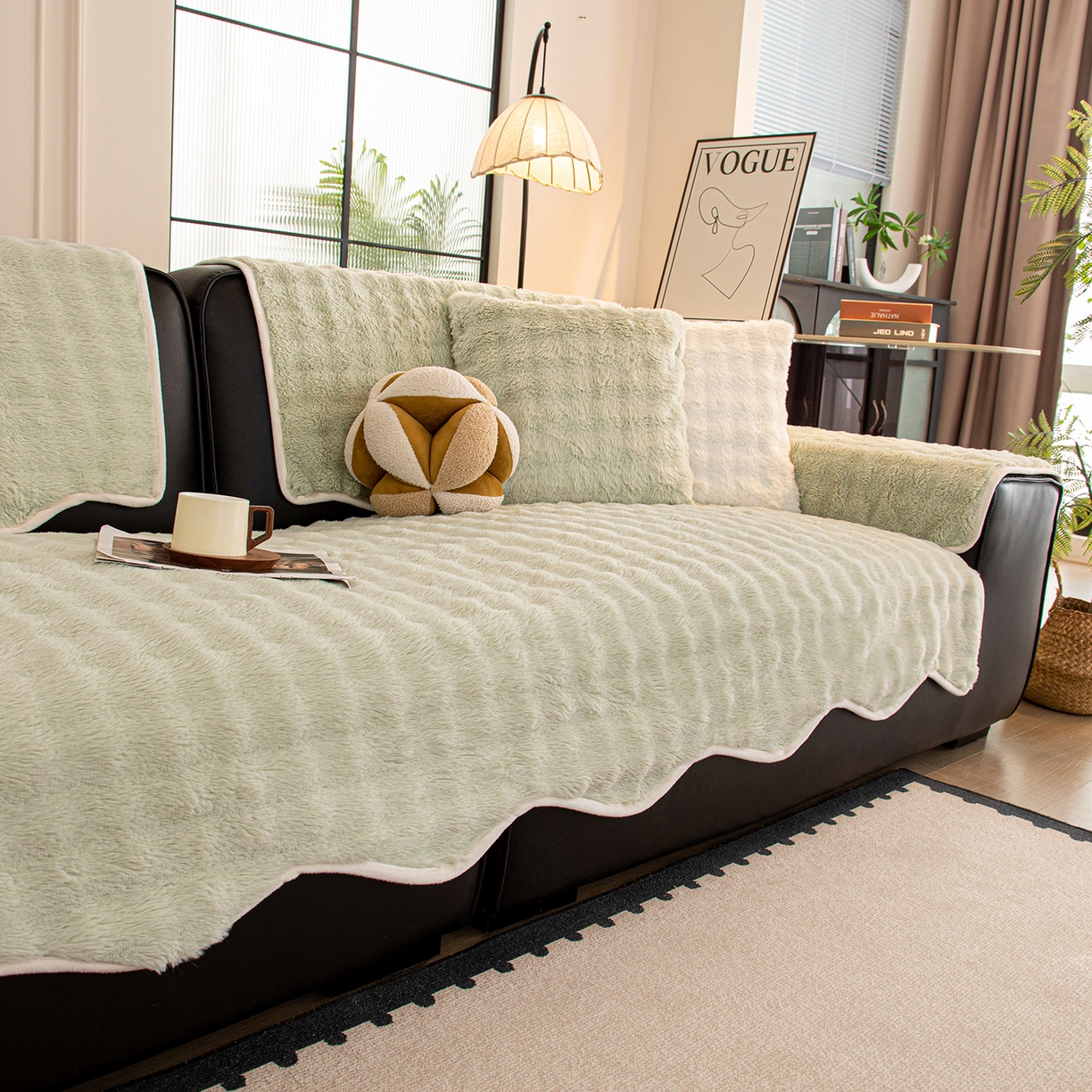 91家纺网 家纺一手货源 找家纺 沐沐家纺 2026新款兔毛沙发垫 水绿