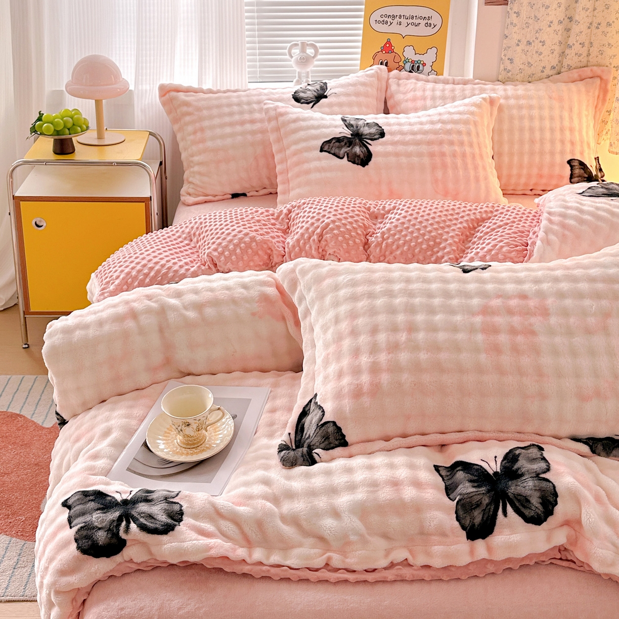 91家纺网 家纺一手货源 找家纺 （总）梦莱斯 2025新款泡泡绒豆豆绒加厚牛奶绒四件套 - 印花系列