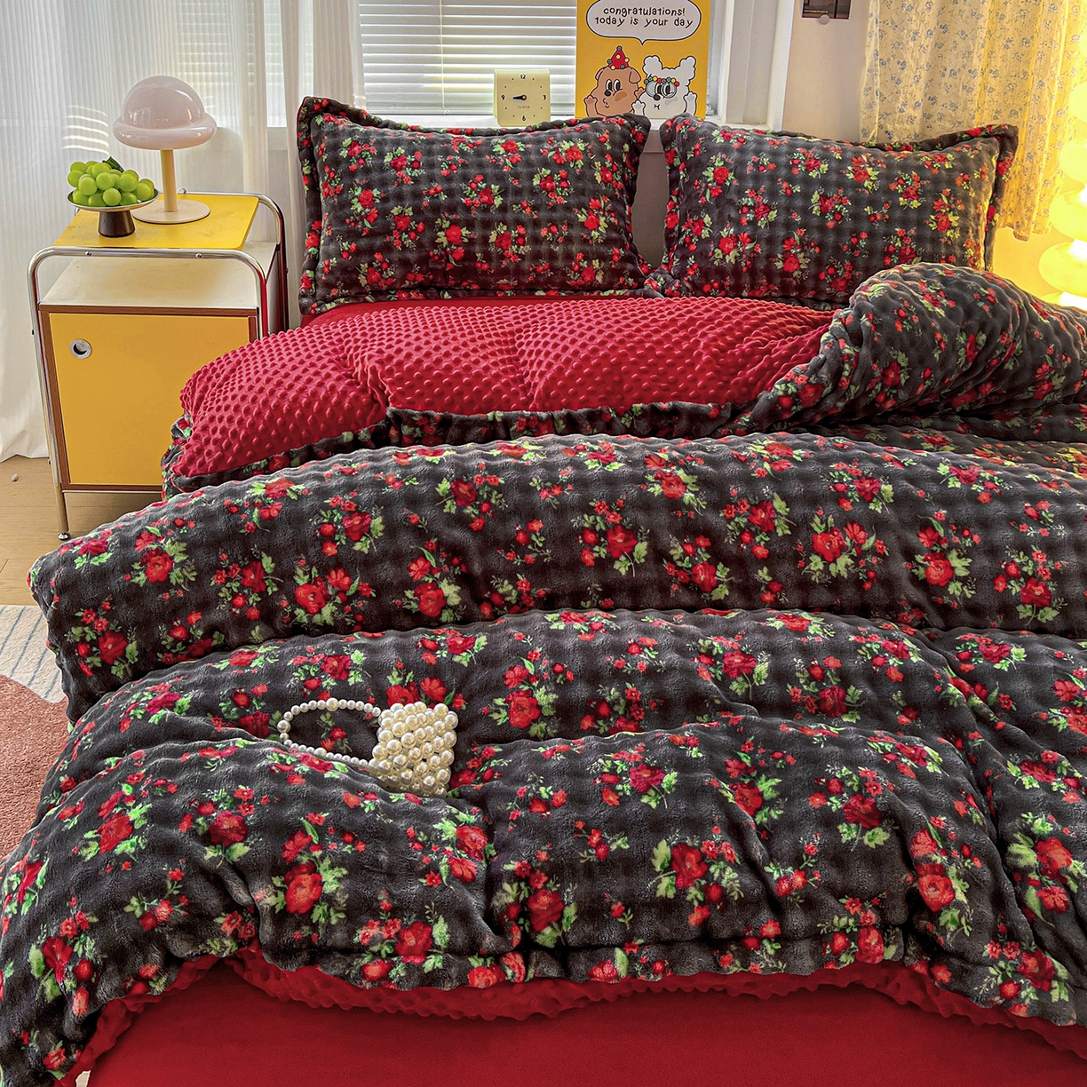 91家纺网 家纺一手货源 找家纺 （总）梦莱斯 2025新款泡泡绒豆豆绒加厚牛奶绒四件套 - 印花系列