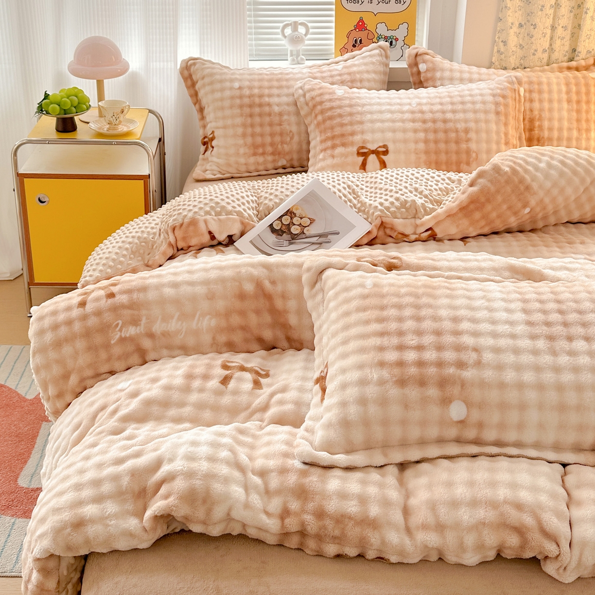 91家纺网 家纺一手货源 找家纺 （总）梦莱斯 2025新款泡泡绒豆豆绒加厚牛奶绒四件套 - 印花系列