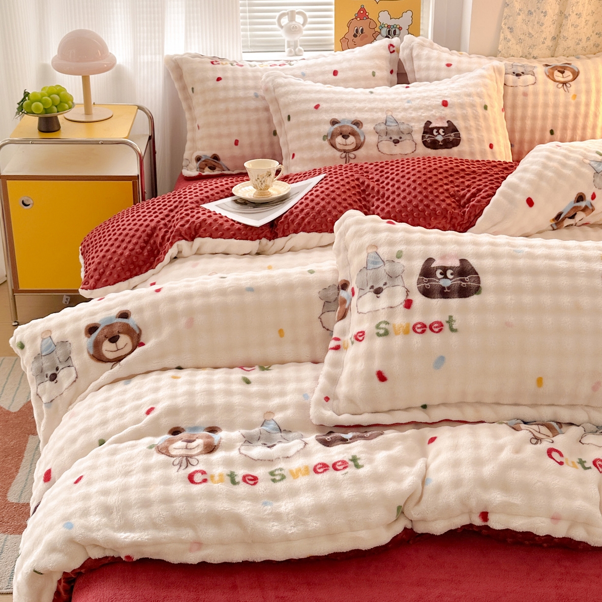 91家纺网 家纺一手货源 找家纺 （总）梦莱斯 2025新款泡泡绒豆豆绒加厚牛奶绒四件套 - 印花系列