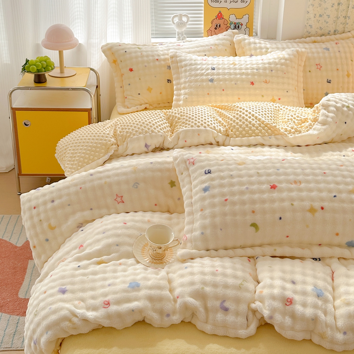 91家纺网 家纺一手货源 找家纺 （总）梦莱斯 2025新款泡泡绒豆豆绒加厚牛奶绒四件套 - 印花系列
