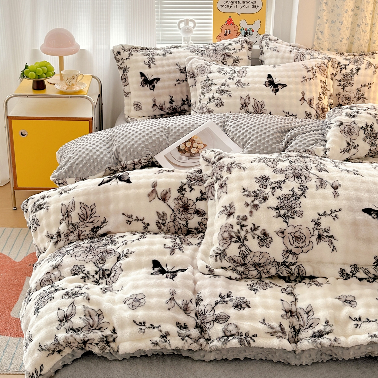 梦莱斯 2025新款泡泡绒豆豆绒加厚牛奶绒四件套 - 印花系列 赫本蝴蝶
