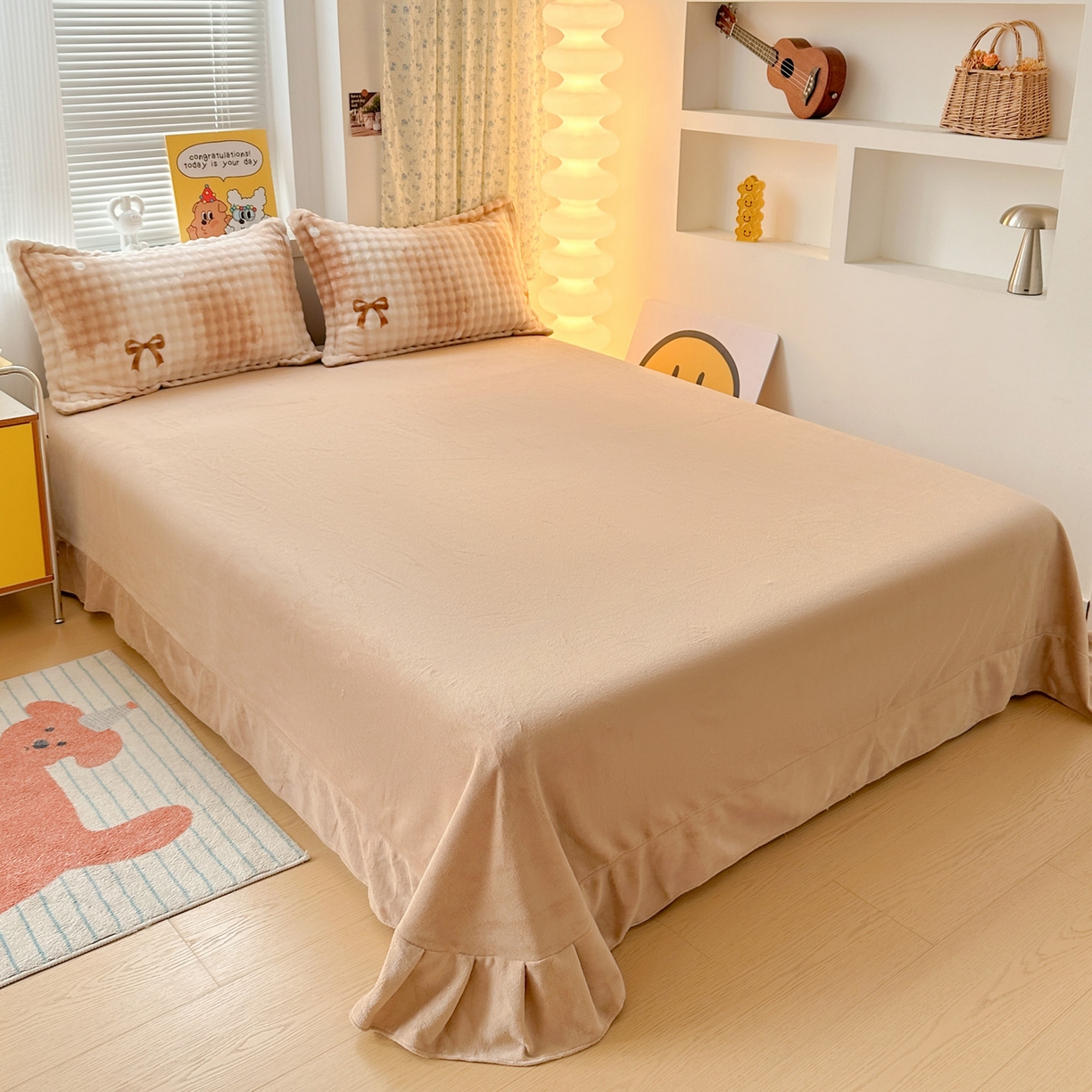 91家纺网 家纺一手货源 找家纺 梦莱斯 2025新款泡泡绒豆豆绒加厚牛奶绒四件套 - 印花系列 咖色蝴蝶结