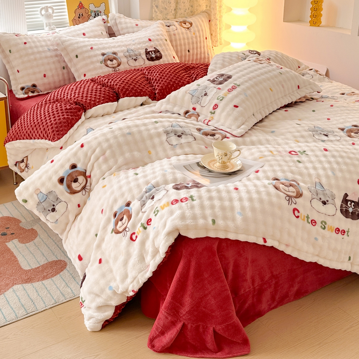91家纺网 家纺一手货源 找家纺 梦莱斯 2025新款泡泡绒豆豆绒加厚牛奶绒四件套 - 印花系列 顽皮熊