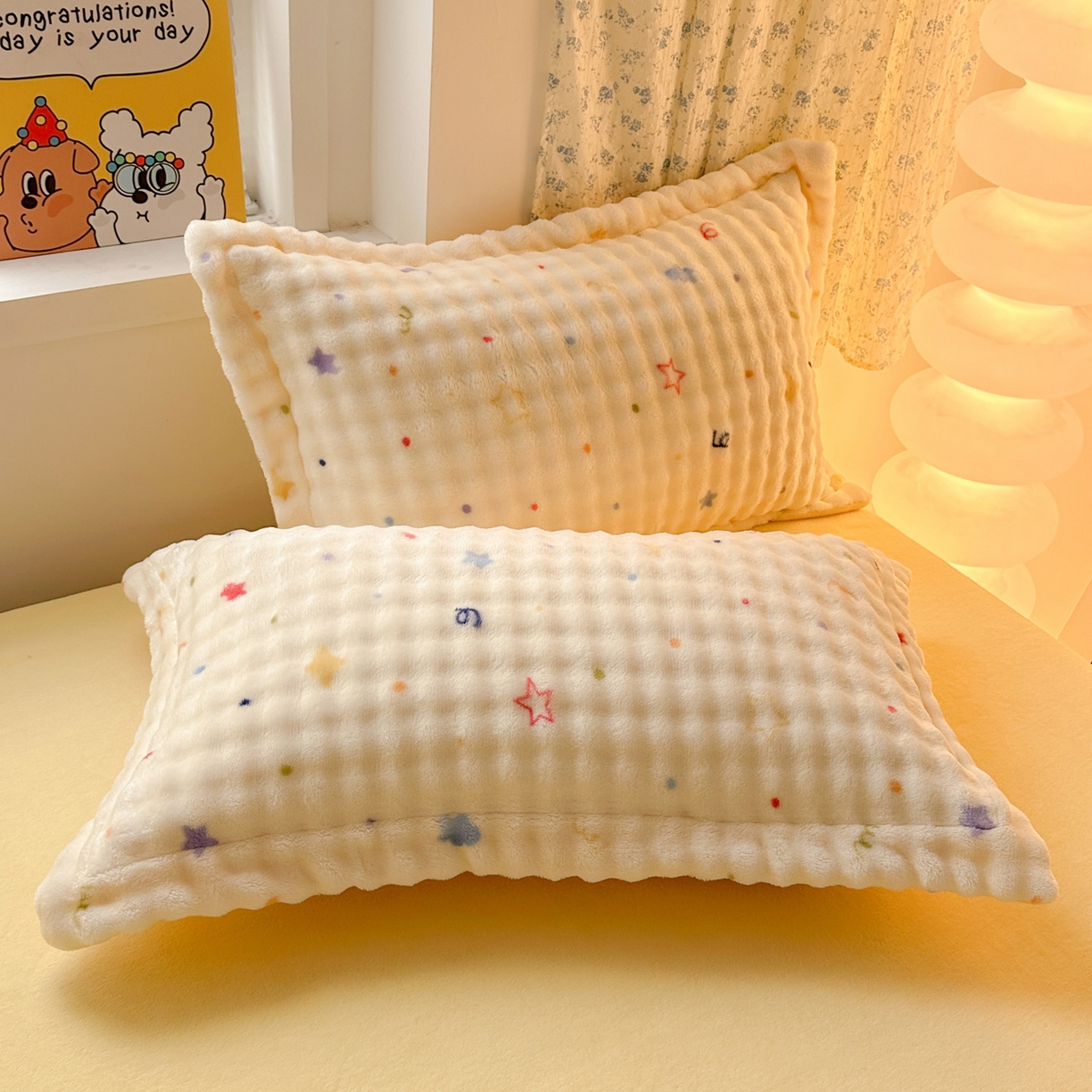 91家纺网 家纺一手货源 找家纺 梦莱斯 2025新款泡泡绒豆豆绒加厚牛奶绒四件套 - 印花系列 星空黄