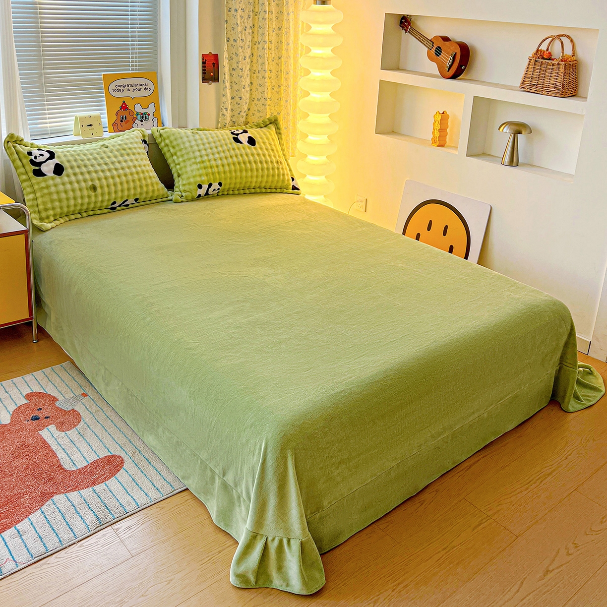 91家纺网 家纺一手货源 找家纺 梦莱斯 2025新款泡泡绒豆豆绒加厚牛奶绒四件套 - 印花系列 熊猫绿