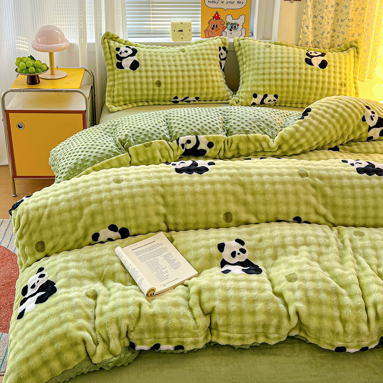 梦莱斯 2025新款泡泡绒豆豆绒加厚牛奶绒四件套 - 印花系列 熊猫绿
