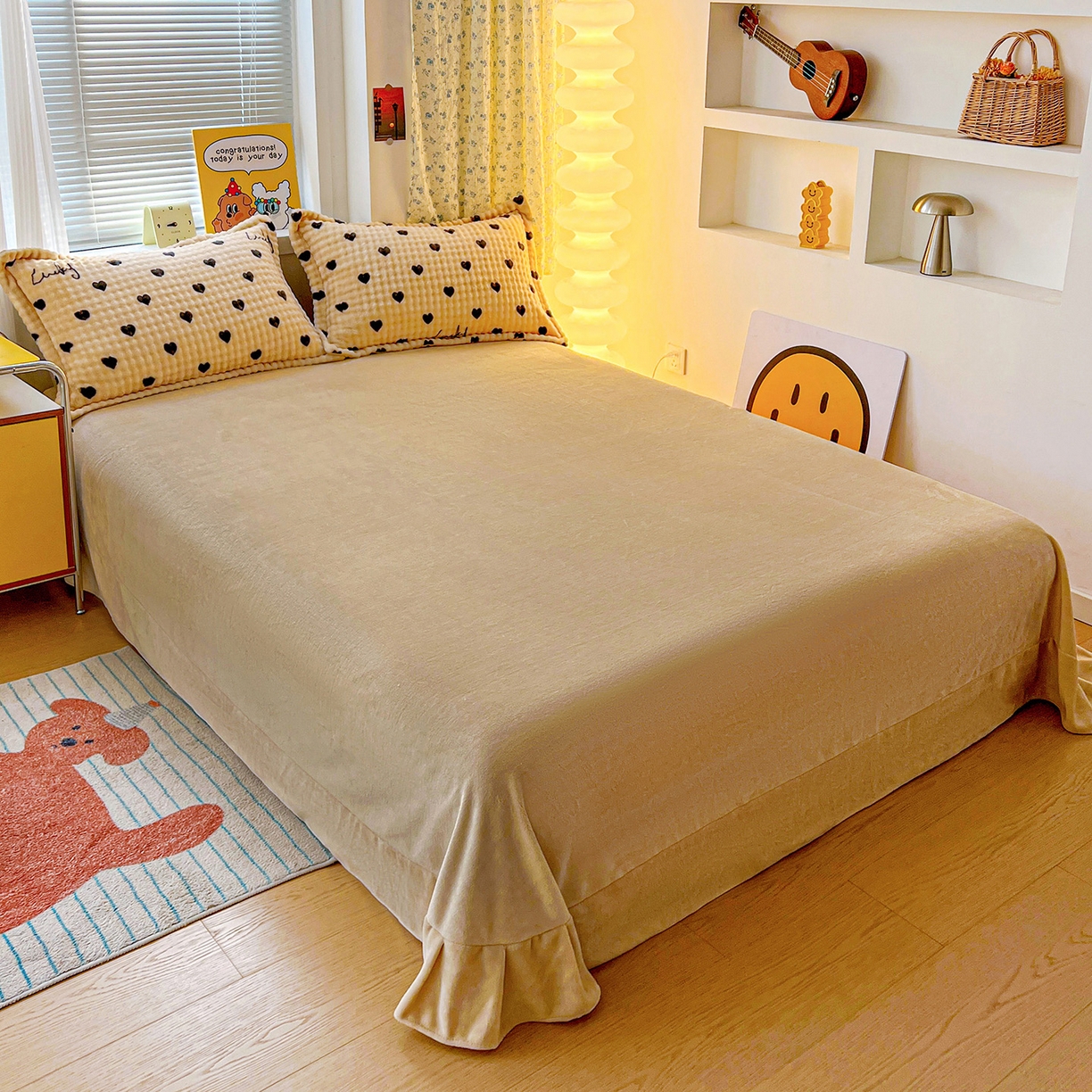 91家纺网 家纺一手货源 找家纺 梦莱斯 2025新款泡泡绒豆豆绒加厚牛奶绒四件套 - 印花系列 字母爱心