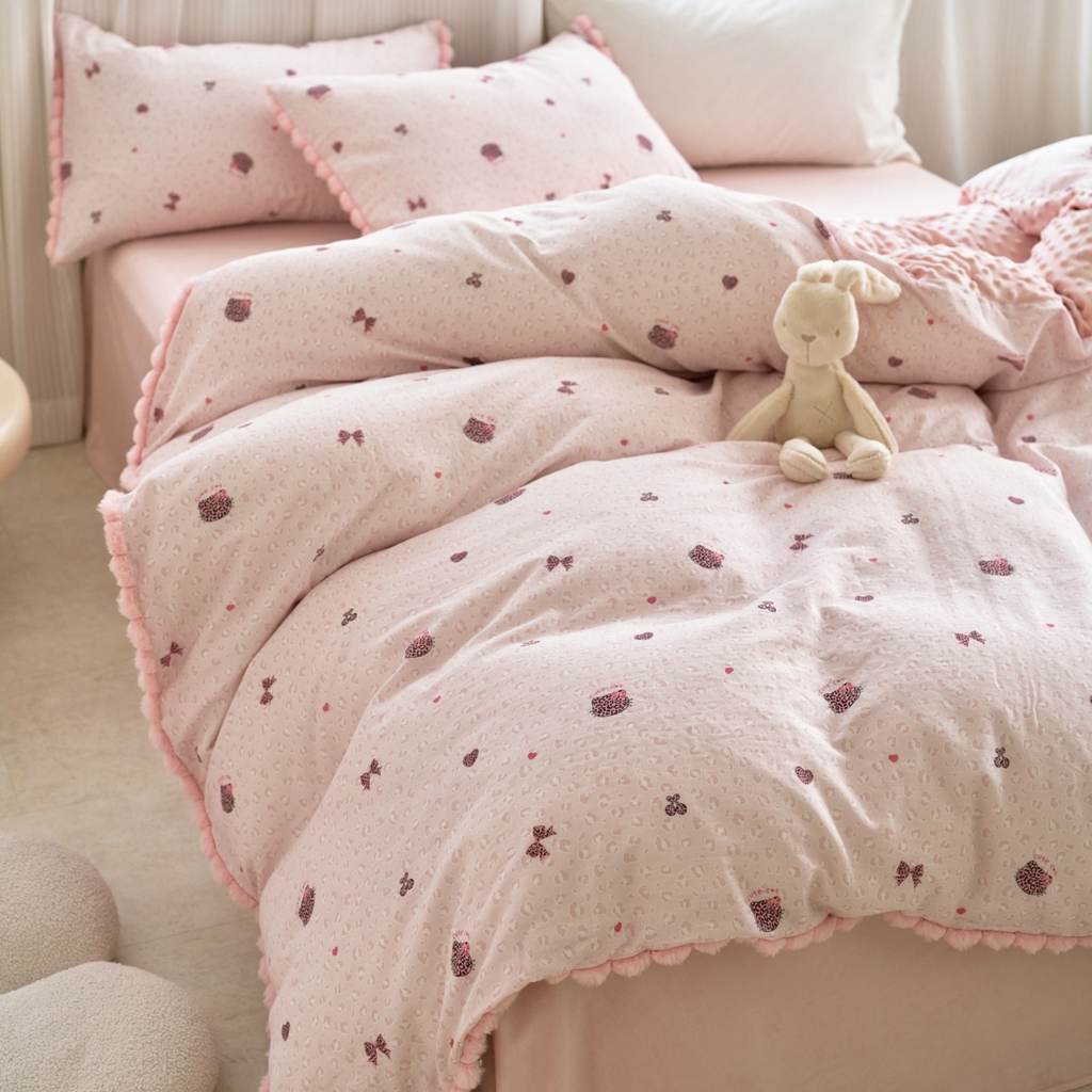 91家纺网 家纺一手货源 找家纺 洋铭区（原狠狠爱） 2025新款秋冬毛绒球双层纱+豆豆绒四件套系列 豹纹猫-粉