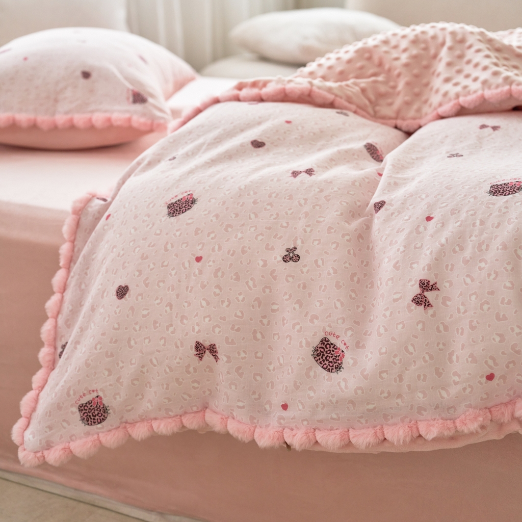 91家纺网 家纺一手货源 找家纺 洋铭区（原狠狠爱） 2025新款秋冬毛绒球双层纱+豆豆绒四件套系列 豹纹猫-粉