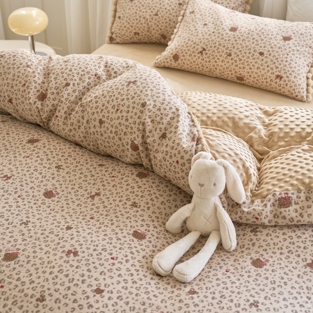 91家纺网 家纺一手货源 找家纺 洋铭区（原狠狠爱） 2025新款秋冬毛绒球双层纱+豆豆绒四件套系列 豹纹猫-咖