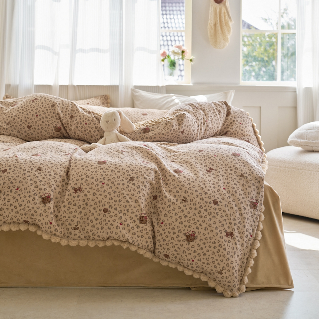 91家纺网 家纺一手货源 找家纺 洋铭区（原狠狠爱） 2025新款秋冬毛绒球双层纱+豆豆绒四件套系列 豹纹猫-咖