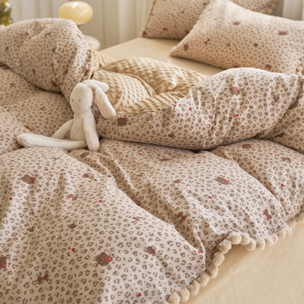 91家纺网 家纺一手货源 找家纺 洋铭区（原狠狠爱） 2025新款秋冬毛绒球双层纱+豆豆绒四件套系列 豹纹猫-咖