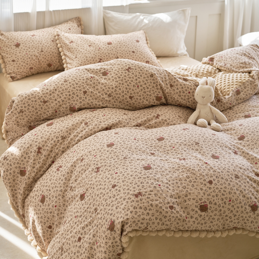 91家纺网 家纺一手货源 找家纺 洋铭区（原狠狠爱） 2025新款秋冬毛绒球双层纱+豆豆绒四件套系列 豹纹猫-咖