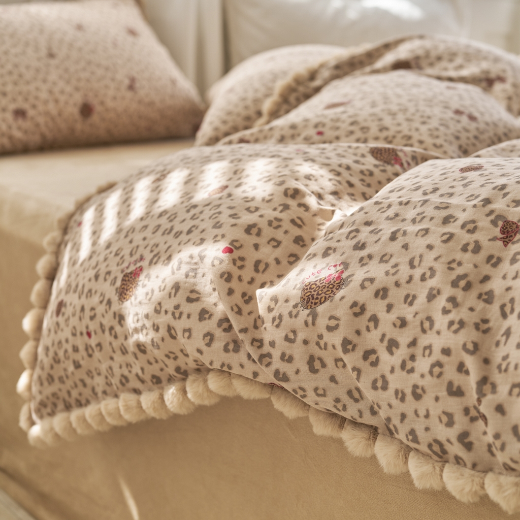 91家纺网 家纺一手货源 找家纺 洋铭区（原狠狠爱） 2025新款秋冬毛绒球双层纱+豆豆绒四件套系列 豹纹猫-咖