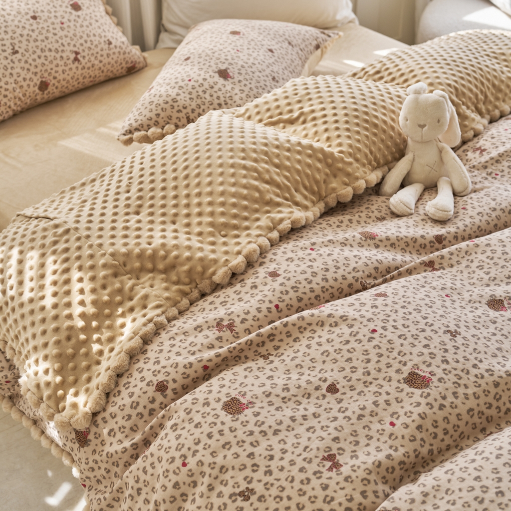 91家纺网 家纺一手货源 找家纺 洋铭区（原狠狠爱） 2025新款秋冬毛绒球双层纱+豆豆绒四件套系列 豹纹猫-咖