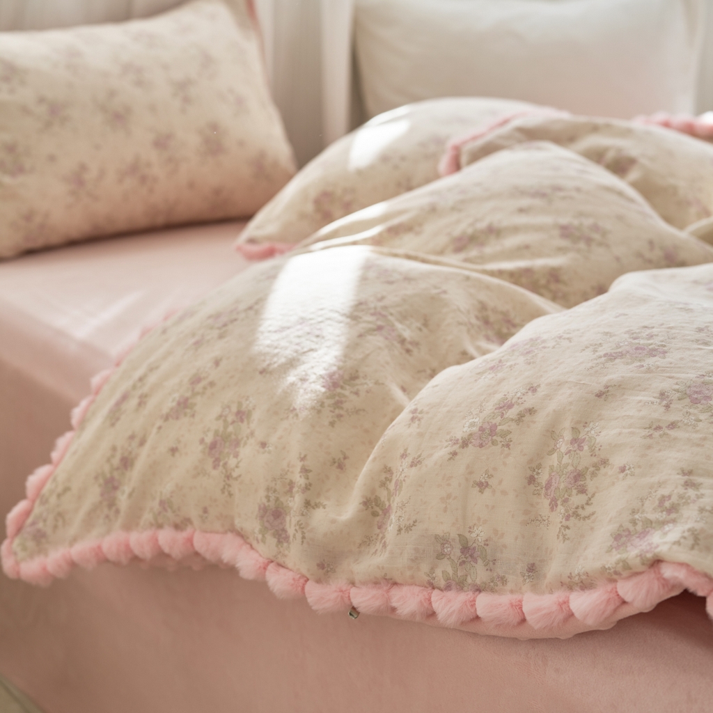 91家纺网 家纺一手货源 找家纺 洋铭区（原狠狠爱） 2025新款秋冬毛绒球双层纱+豆豆绒四件套系列 黛雅紫花