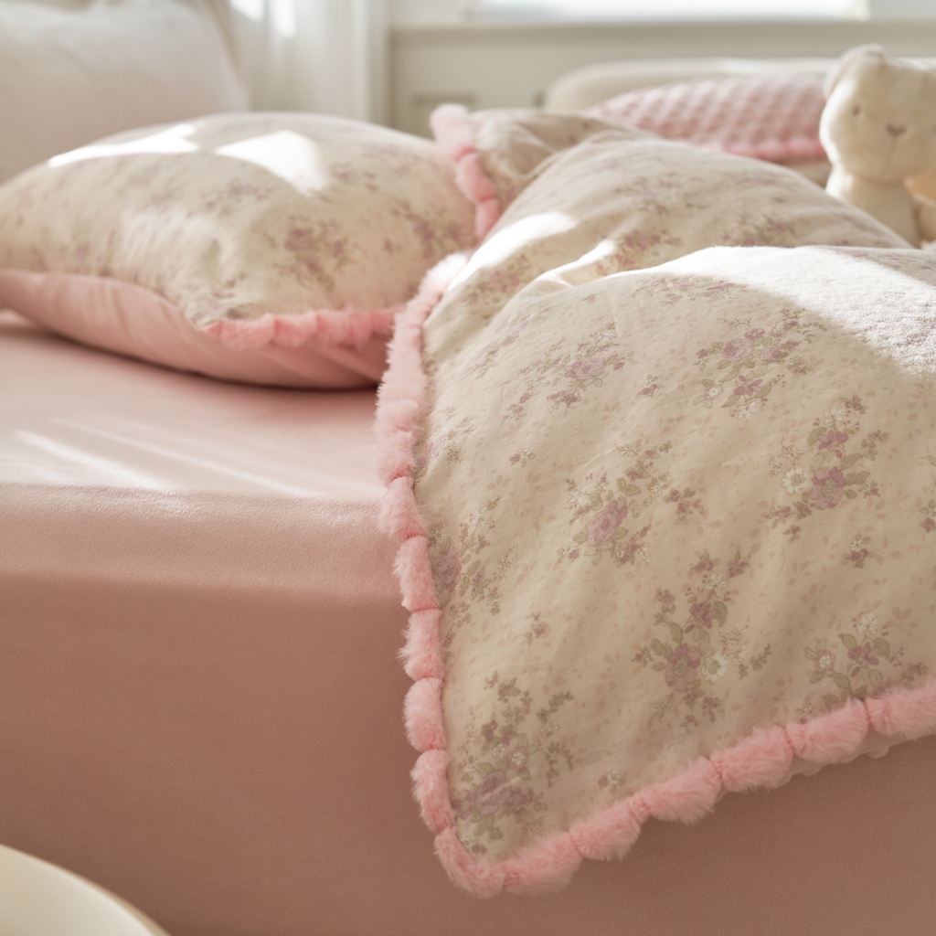 91家纺网 家纺一手货源 找家纺 洋铭区（原狠狠爱） 2025新款秋冬毛绒球双层纱+豆豆绒四件套系列 黛雅紫花