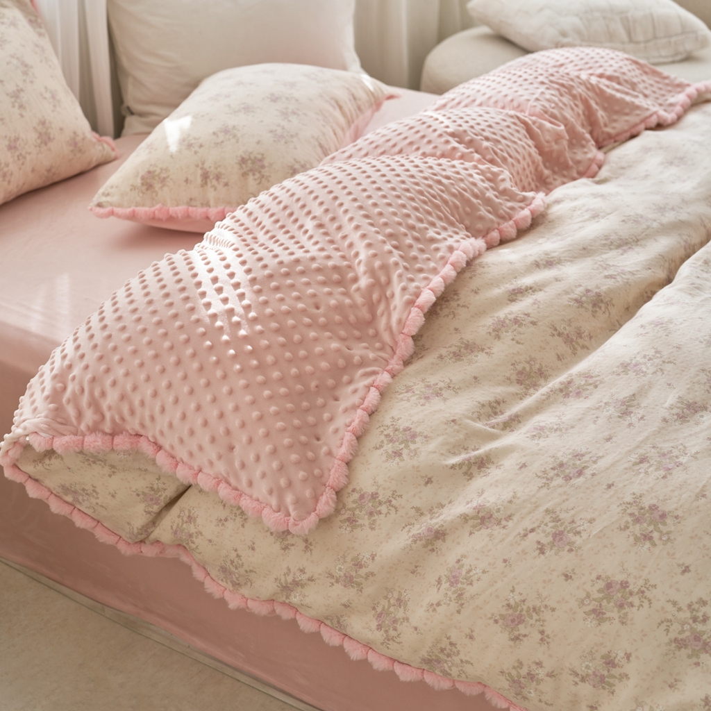 91家纺网 家纺一手货源 找家纺 洋铭区（原狠狠爱） 2025新款秋冬毛绒球双层纱+豆豆绒四件套系列 黛雅紫花