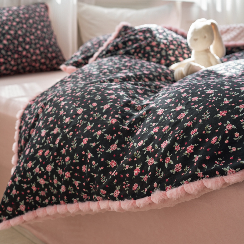 91家纺网 家纺一手货源 找家纺 洋铭区（原狠狠爱） 2025新款秋冬毛绒球双层纱+豆豆绒四件套系列 牡丹红