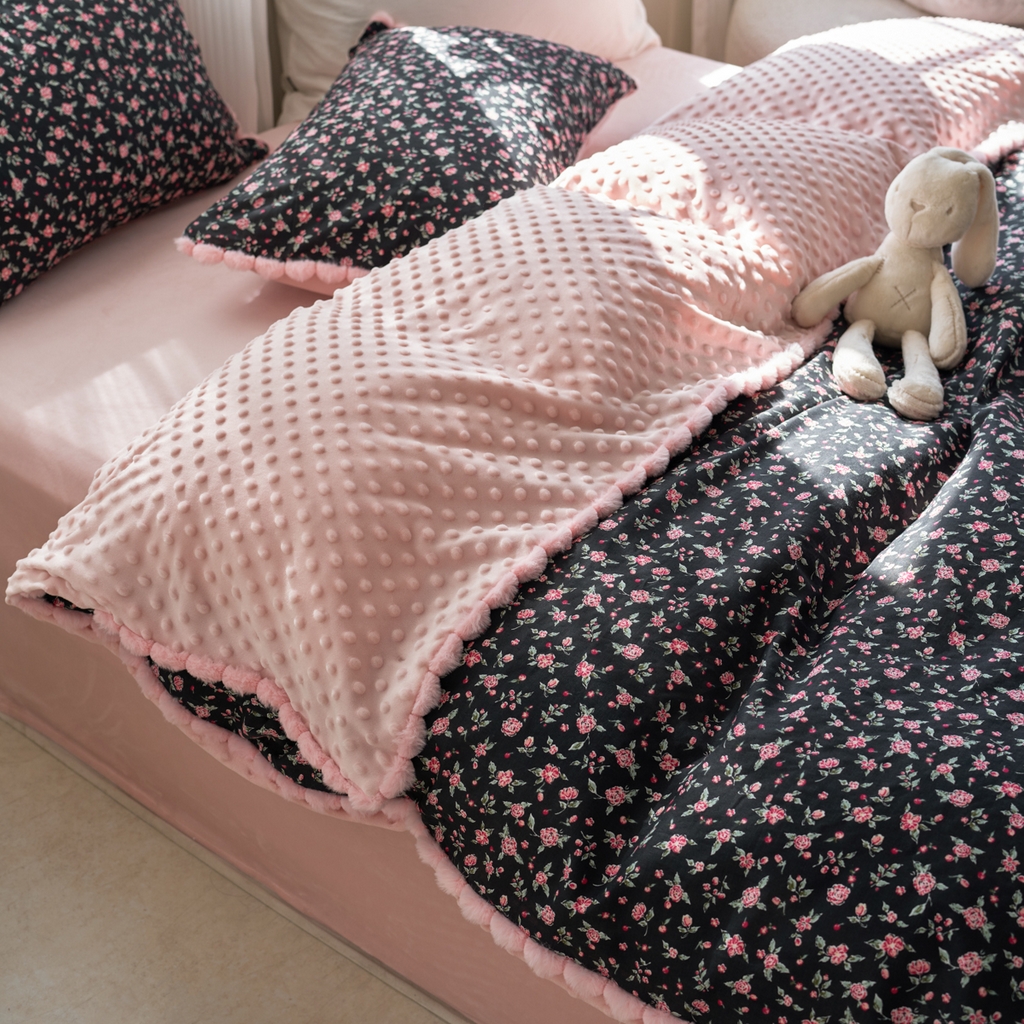 91家纺网 家纺一手货源 找家纺 洋铭区（原狠狠爱） 2025新款秋冬毛绒球双层纱+豆豆绒四件套系列 牡丹红