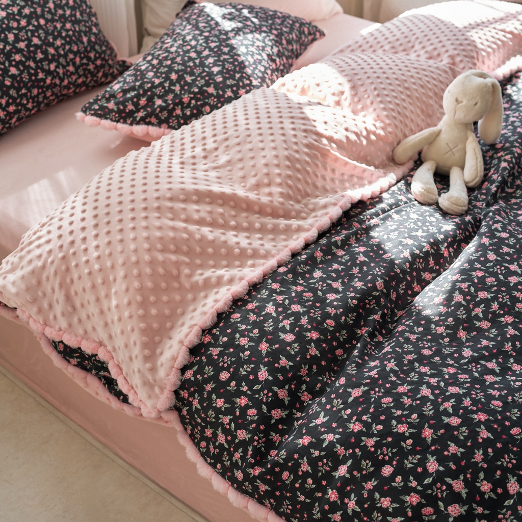 91家纺网 家纺一手货源 找家纺 洋铭区（原狠狠爱） 2025新款秋冬毛绒球双层纱+豆豆绒四件套系列 牡丹红