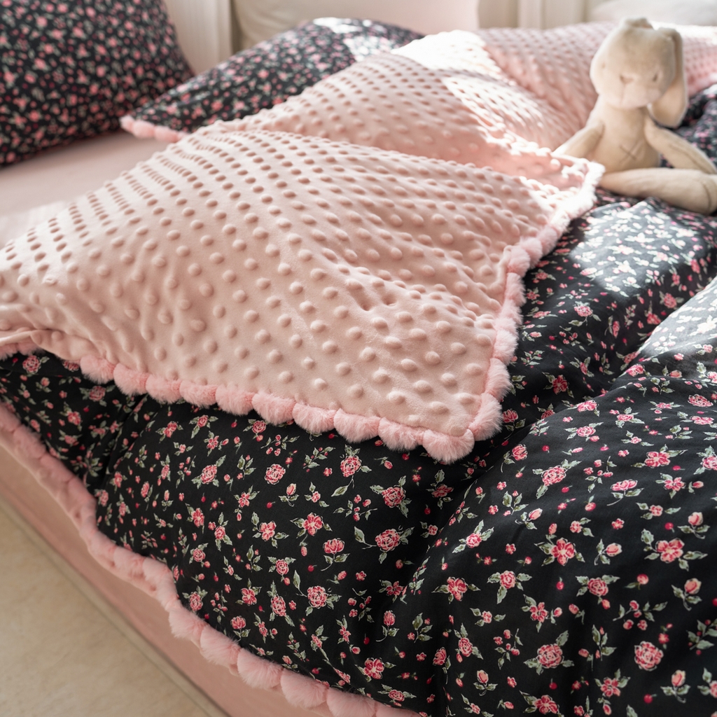 91家纺网 家纺一手货源 找家纺 洋铭区（原狠狠爱） 2025新款秋冬毛绒球双层纱+豆豆绒四件套系列 牡丹红