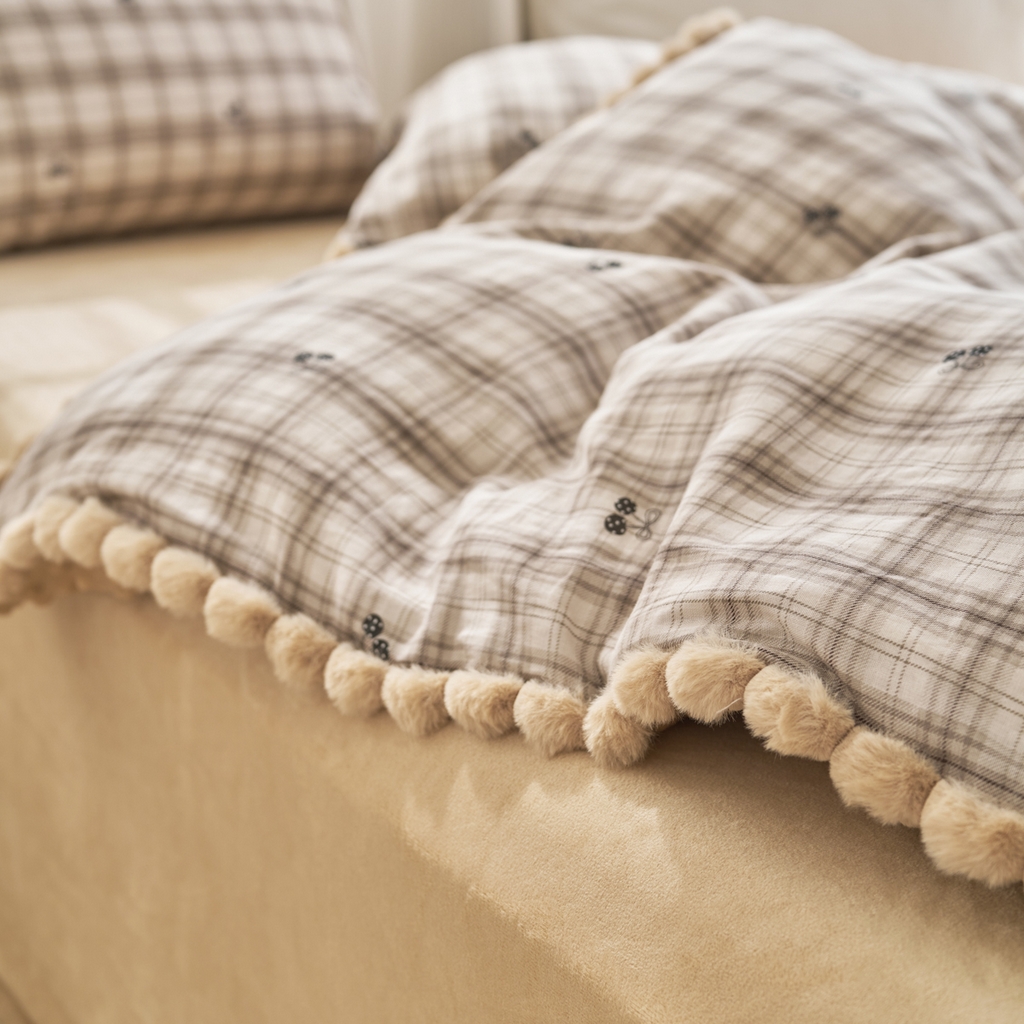 91家纺网 家纺一手货源 找家纺 洋铭区（原狠狠爱） 2025新款秋冬毛绒球双层纱+豆豆绒四件套系列 棕格果果