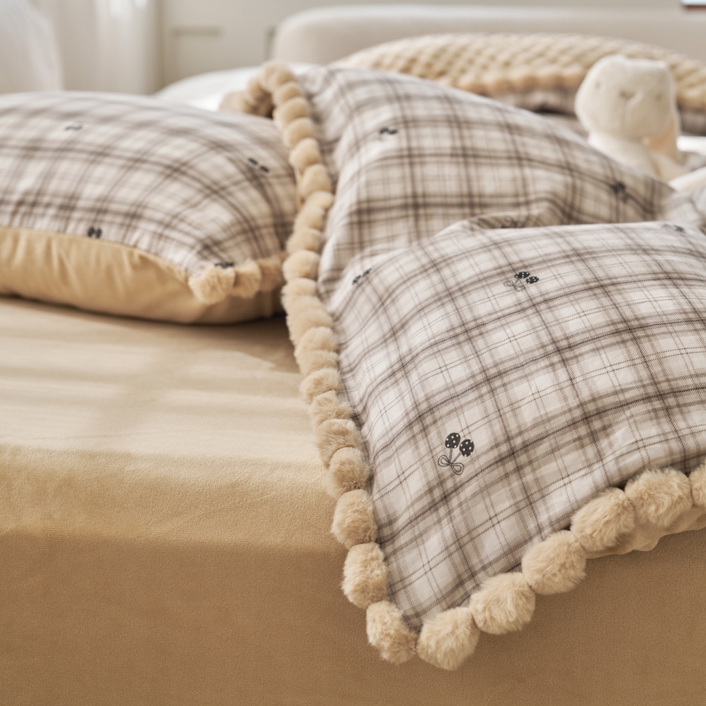 91家纺网 家纺一手货源 找家纺 洋铭区（原狠狠爱） 2025新款秋冬毛绒球双层纱+豆豆绒四件套系列 棕格果果