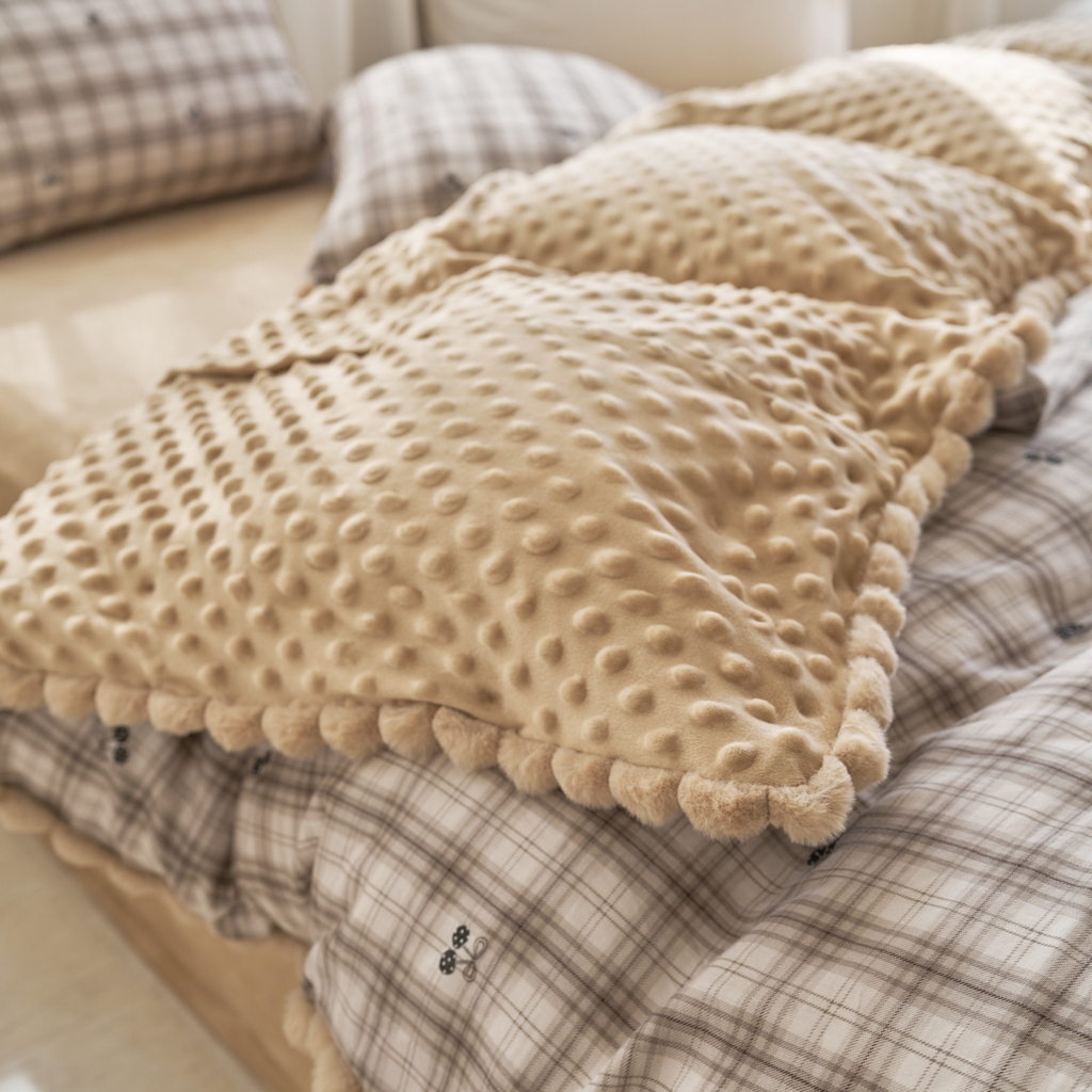 91家纺网 家纺一手货源 找家纺 洋铭区（原狠狠爱） 2025新款秋冬毛绒球双层纱+豆豆绒四件套系列 棕格果果