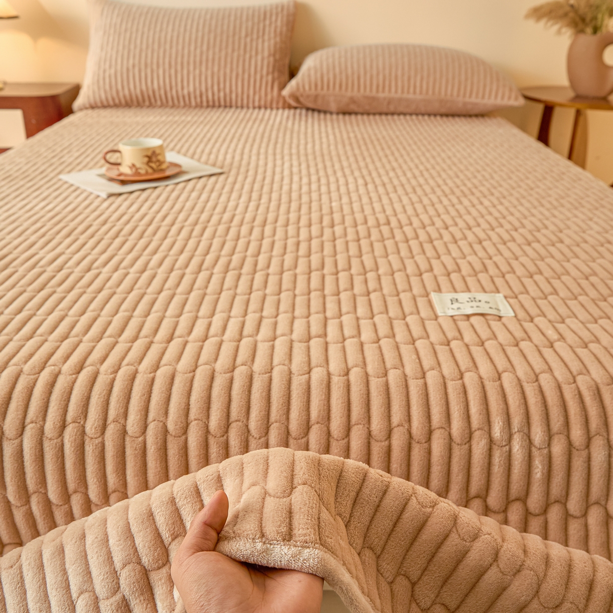91家纺网 家纺一手货源 找家纺 Sweet dreams甜梦 2025新款A类纯色牛奶绒夹棉床盖 驼色