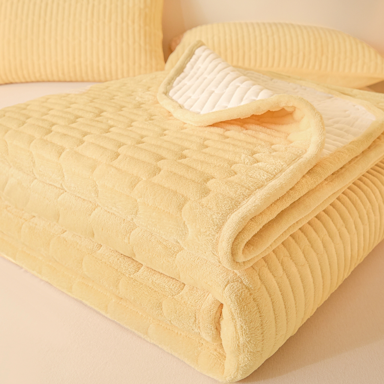 91家纺网 家纺一手货源 找家纺 Sweet dreams甜梦 2025新款A类纯色牛奶绒夹棉床盖 米黄