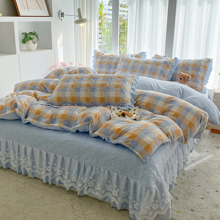 91家纺网 家纺一手货源 找家纺 钰锦珀家纺 2025新款高克重牛奶绒蕾丝双层花边床盖四件套床盖三件套 墨尔本