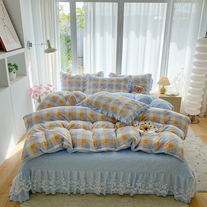 91家纺网 家纺一手货源 找家纺 钰锦珀家纺 2025新款高克重牛奶绒蕾丝双层花边床盖四件套床盖三件套 墨尔本