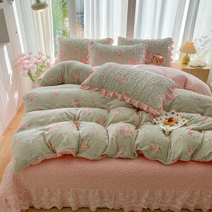 钰锦珀家纺 2025新款高克重牛奶绒蕾丝双层花边床盖四件套床盖三件套 沐熙花