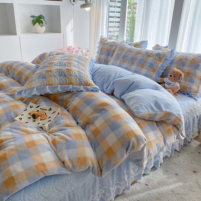 91家纺网 家纺一手货源 找家纺 钰锦珀家纺 2025新款高克重牛奶绒蕾丝双层花边床盖四件套床盖三件套 墨尔本