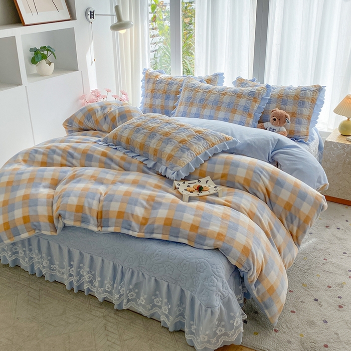 91家纺网 家纺一手货源 找家纺 钰锦珀家纺 2025新款高克重牛奶绒蕾丝双层花边床盖四件套床盖三件套 墨尔本