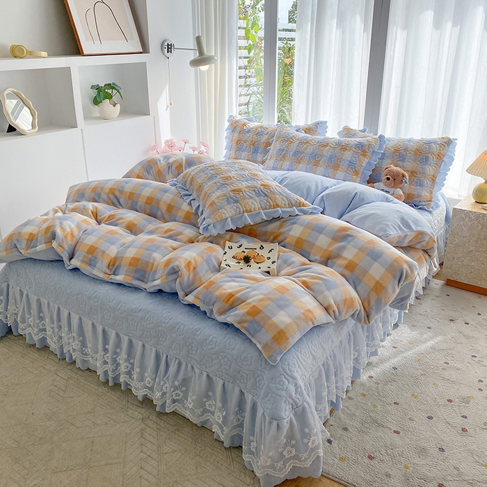 91家纺网 家纺一手货源 找家纺 钰锦珀家纺 2025新款高克重牛奶绒蕾丝双层花边床盖四件套床盖三件套 墨尔本