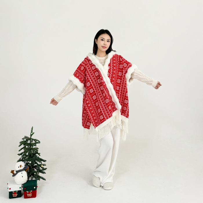 91家纺网 家纺一手货源 找家纺 丹本家纺 2025新款仿羊绒大码流苏大毛领斗篷披肩外套连帽加绒加厚高档秋冬保暖格子大衣 雪花