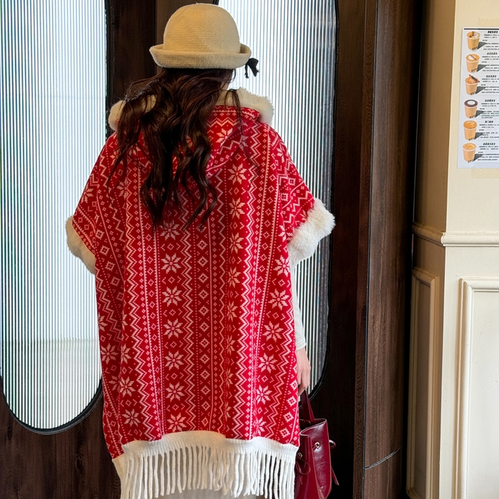 91家纺网 家纺一手货源 找家纺 丹本家纺 2025新款仿羊绒大码流苏大毛领斗篷披肩外套连帽加绒加厚高档秋冬保暖格子大衣 雪花