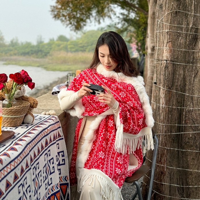 91家纺网 家纺一手货源 找家纺 丹本家纺 2025新款仿羊绒大码流苏大毛领斗篷披肩外套连帽加绒加厚高档秋冬保暖格子大衣 雪花