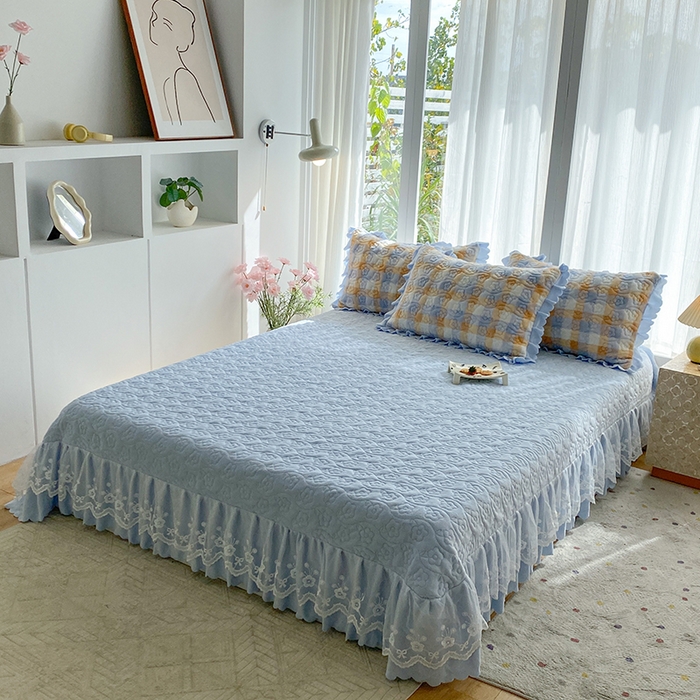 91家纺网 家纺一手货源 找家纺 钰锦珀家纺 2025新款高克重牛奶绒蕾丝双层花边床盖四件套床盖三件套 墨尔本